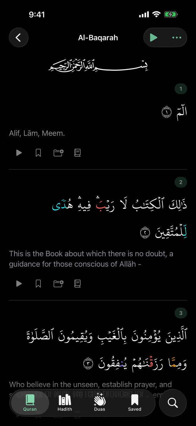 List mode showing Arabic, tajweed colouring and the English translation